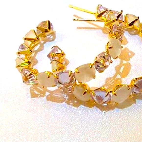 Gold Plated White Opal Hoop Earrings by Grathia Cero - Picture 4 of 8